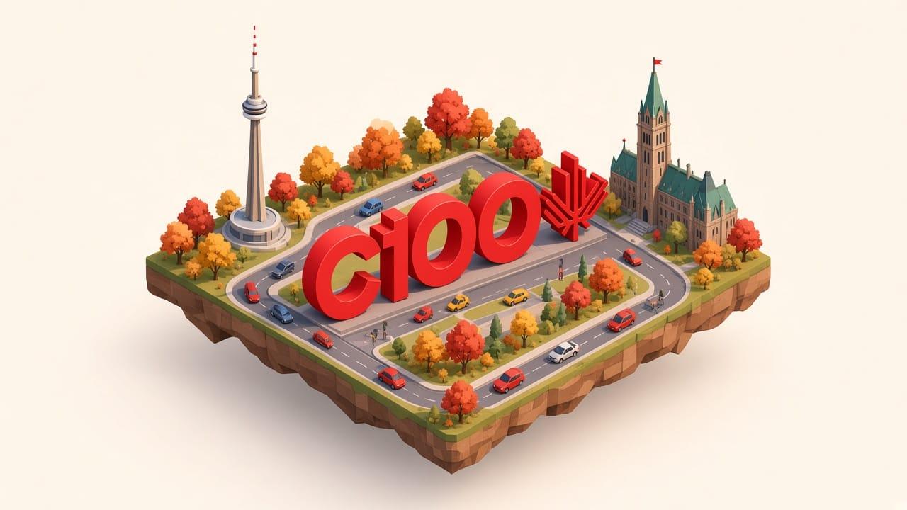 A floating island with the CN Tower, a looping road, and a red C100 sculpture