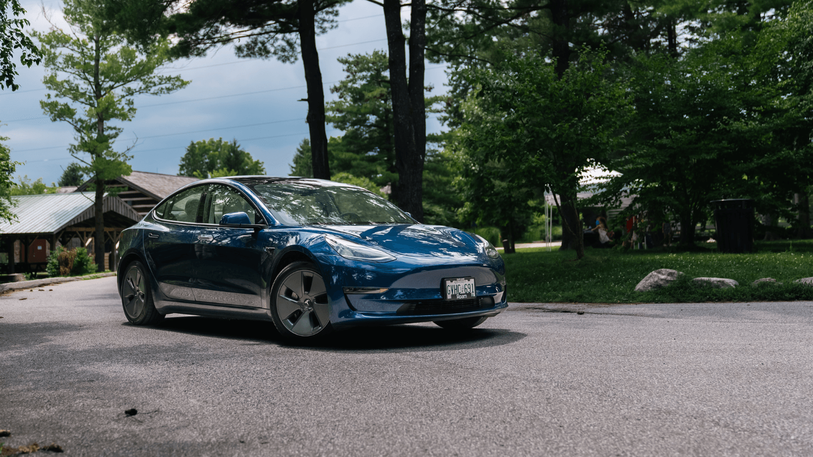 Blue Tesla parked on a tree-lined road