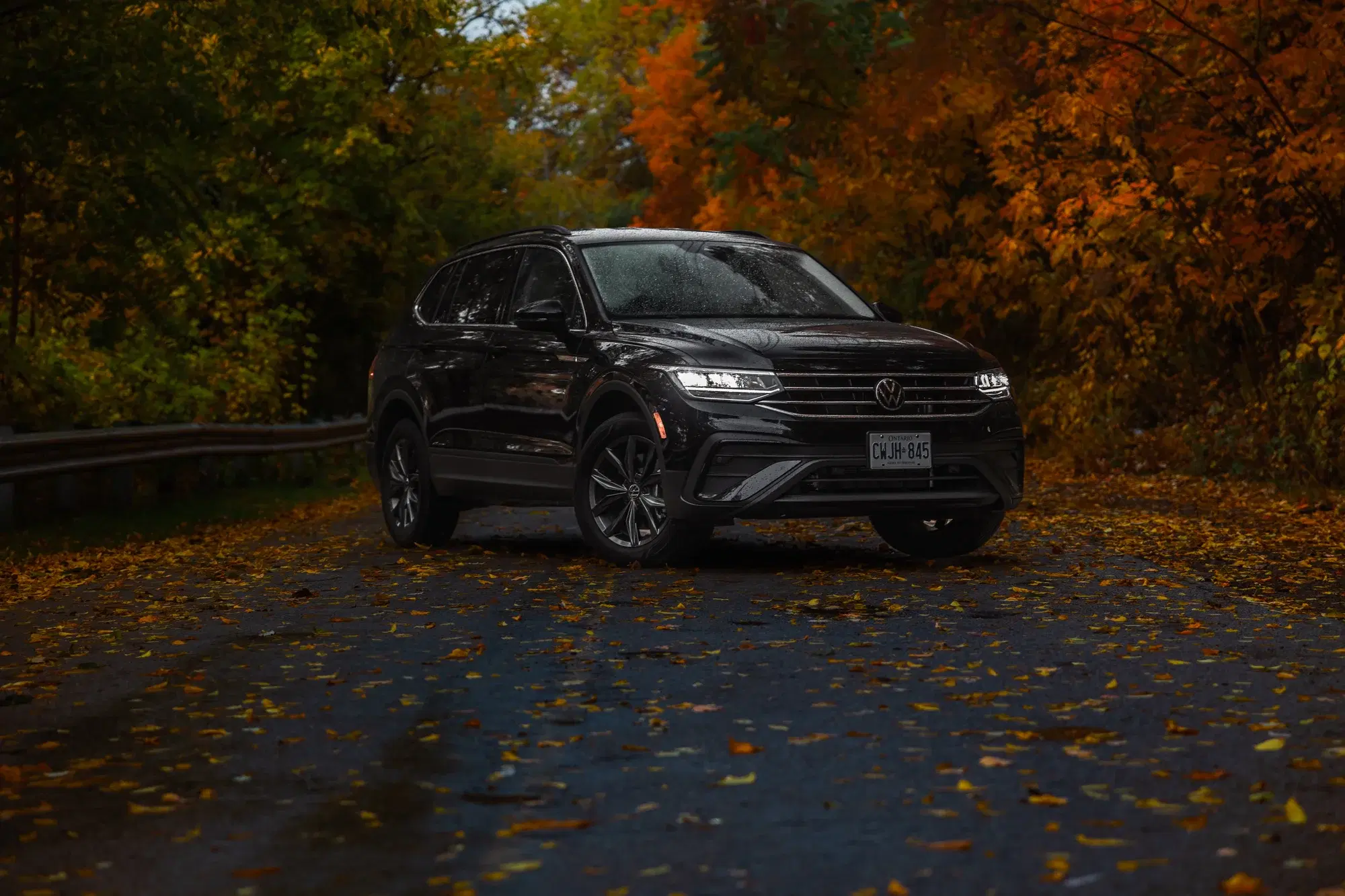 Black Volkswagen Tiguan SUV on a wet road lined with autumn trees