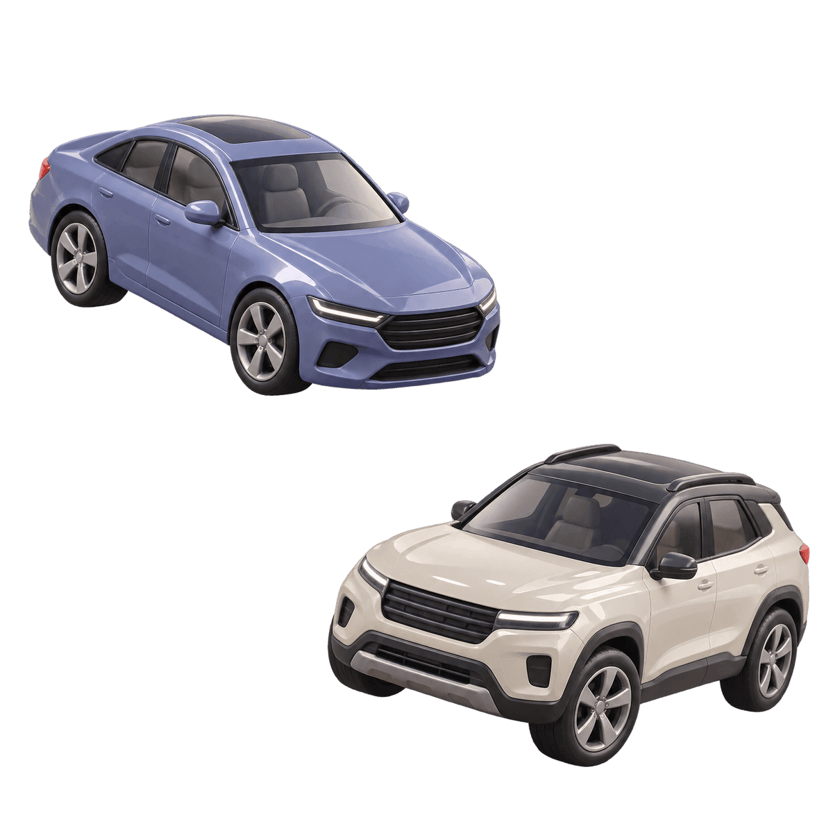 A sedan and an SUV shown side by side for comparison