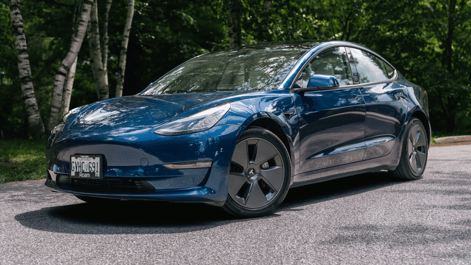 Tesla Model 3 blue exterior close-up